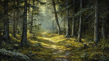 Obraz premium Sunlit path through a tranquil, lush forest.