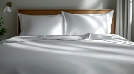 A well made bed with white sheets and pillows in sunlight