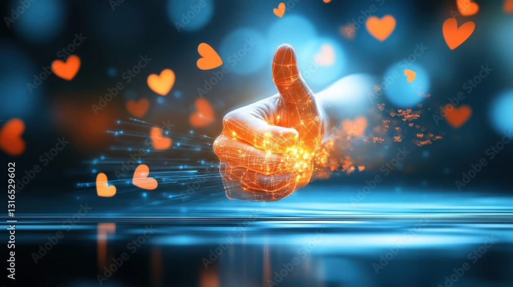 Poster creative gesture of affirmation digital art floating hearts inspirational atmosphere close-up emotio