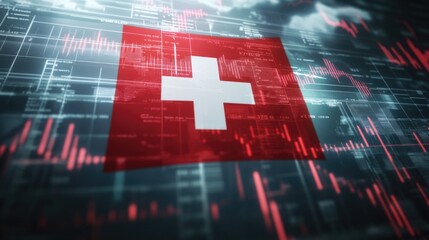 Red and white Swiss flag overlaid on a digital data background with graphs and cyber elements.