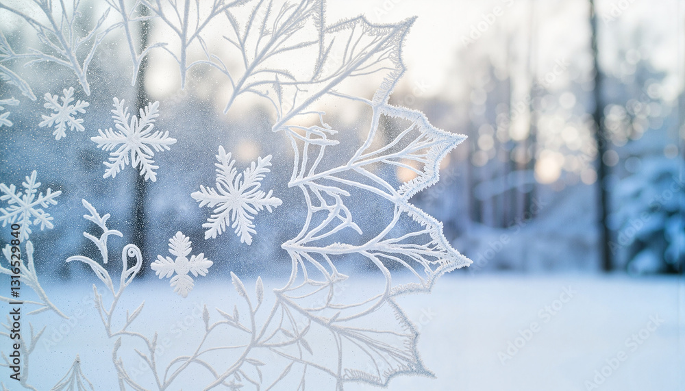 Poster intricate frost patterns on window pane, winter serenity