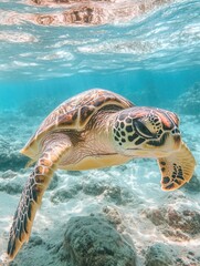 Fototapeta premium Majestic Sea Turtle Gliding Gracefully in Turquoise Ocean Waters