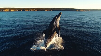 Naklejka premium Dolphin leaps from ocean near shoreline during golden hour