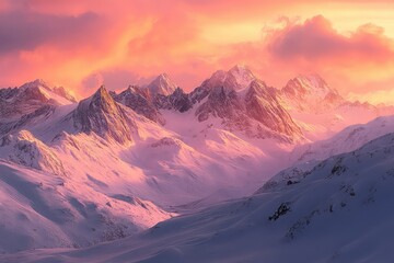 A mesmerizing sunset painting the snowy peaks in shades of pink and orange.