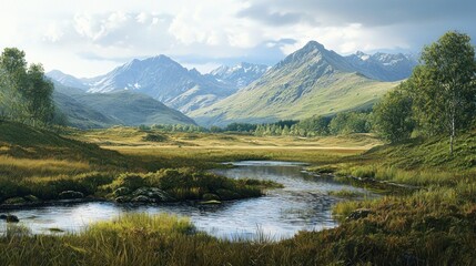 Serene mountain valley landscape with a tranquil stream.