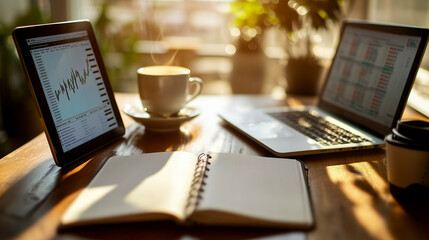 Trading Journal on Wooden Desk with Laptop, Tablet, and Coffee