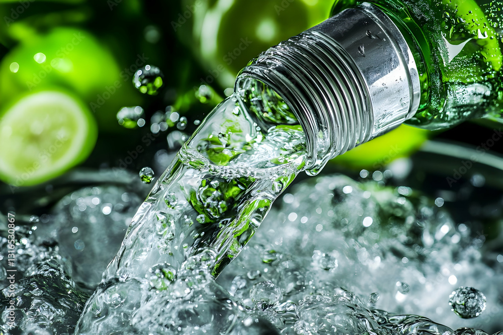 Poster refreshing liquid pouring from bottle into water, creating dynamic splash with air bubbles and green