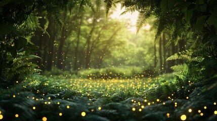 A beautiful forest scene with glowing lights and lush greenery