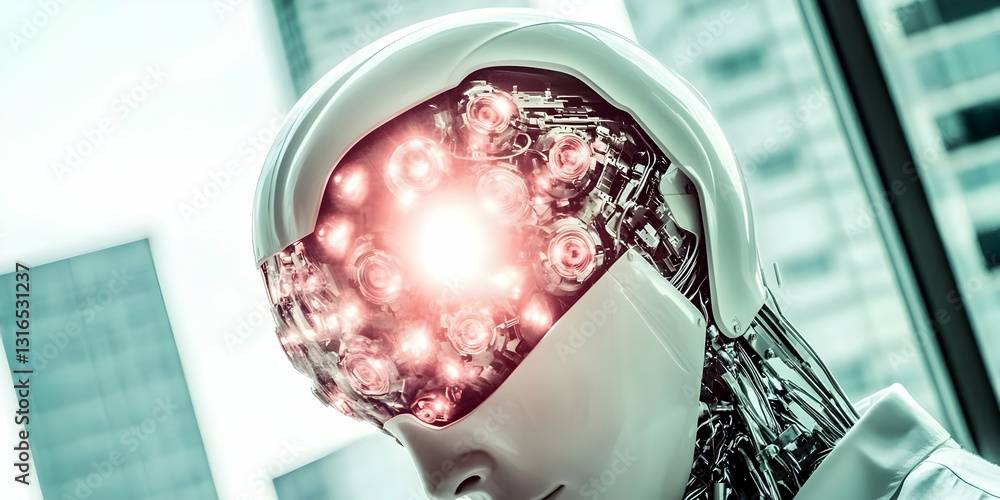 Poster 3d render of a futuristic robot's head with illuminated internal mechanisms, set against a cityscape