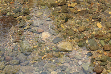 Clear water flow over rocky bottom river