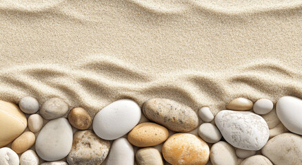 Obraz premium A tranquil shore showcases a blend of soft sand and various pebbles, creating a calming natural landscape at dawn
