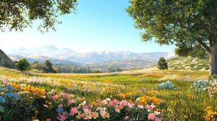 Fototapeta premium Vibrant wildflowers bloom in a sunny meadow, majestic mountains in the background.