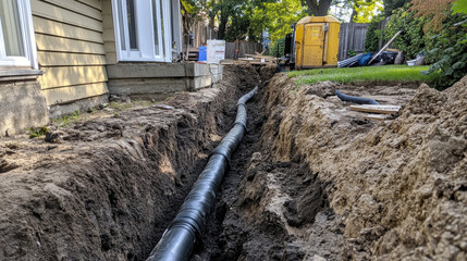 A plastic water pipe is being laid in a trench by a house, with construction materials nearby and sunlight filtering through trees