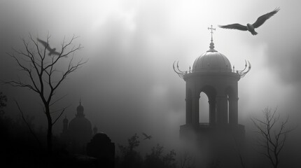Fototapeta premium Misty Church and Birds