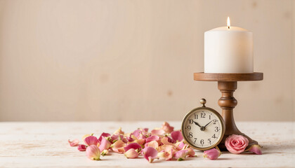 Serene candlelight with antique clock and rose petals, timeless elegance