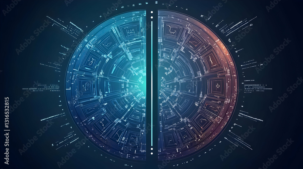 Poster abstract futuristic technology background: digital circuitry sphere with glowing lines and data stre