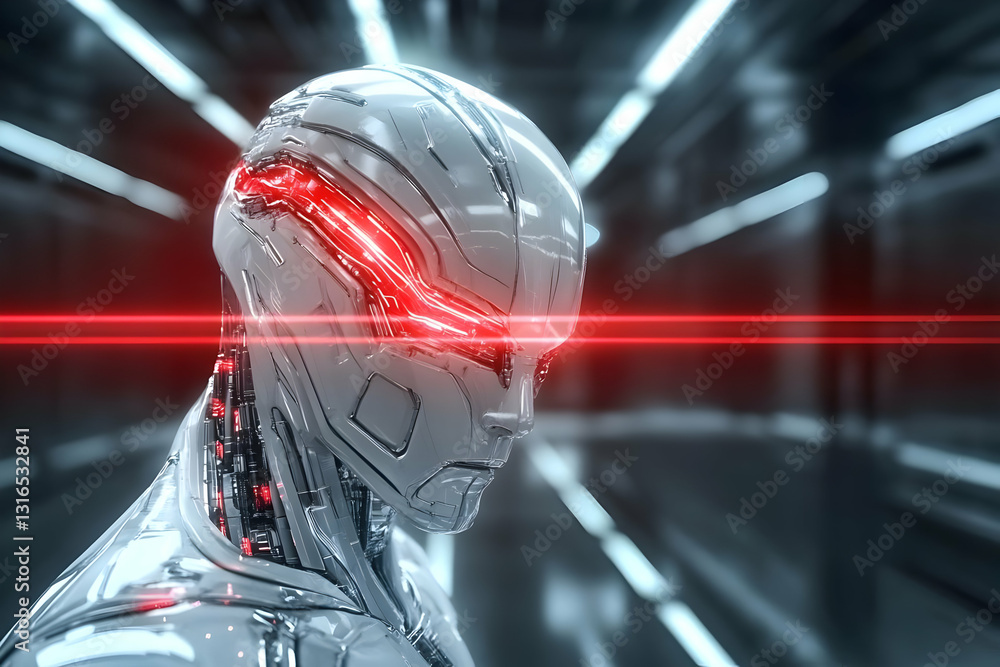 Poster futuristic robot with red laser eyes in a sci-fi setting, 3d render