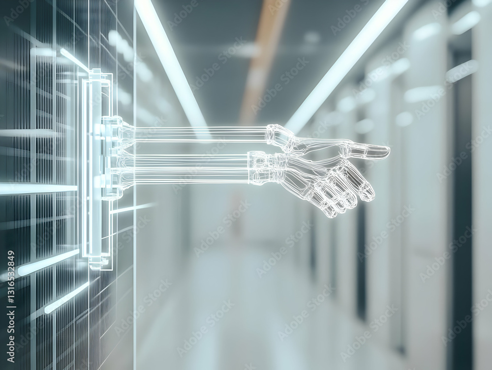 Poster abstract 3d wireframe robotic hands reaching interface in futuristic corridor background