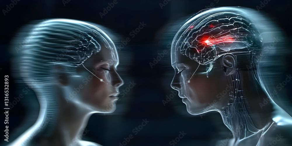 Poster abstract 3d render of two transparent heads with visible brains, showcasing neural connections and a