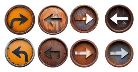 Weathered Directional Signs in Circular Frames on Rustic Background, PNG bundle collection, Isolated on Transparent Background