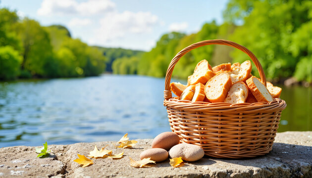 Wicker basket with bread by serene river, Tashlich ceremony symbolism