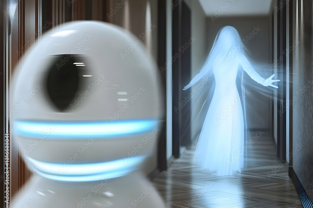 Aufkleber 3d render of a robot observing a ghostly figure in a hallway, futuristic sci-fi scene