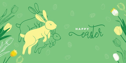 Happy Easter design with hand drawn cute rabbit, line art flowers and eggs on the background. Playful font mix for Easter banners and visuals. 