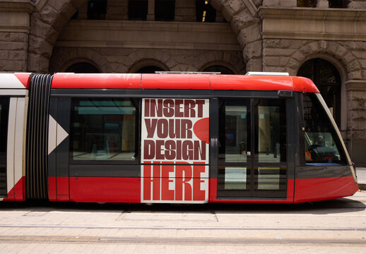 Efficient Public Transport System Shown in Sydney, Australia With Modern Tram Parked on City Street. PSD mockup template