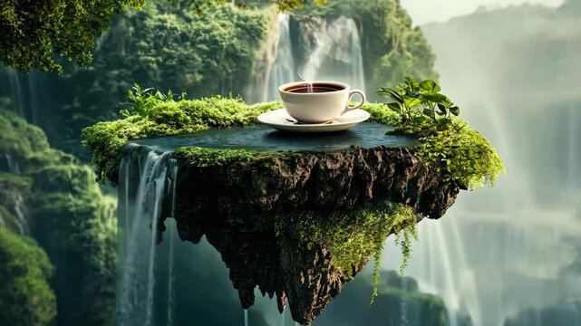 Serenity of a coffee cup resting on a lush floating island surrounded by waterfalls, Cup of coffee on serene floating island with lush greenery and waterfalls Tranquil nature concept