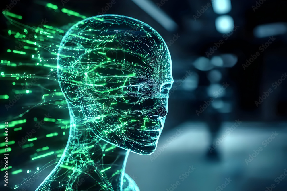 Poster abstract 3d render of a glitching humanoid head with green data streams, futuristic digital art back