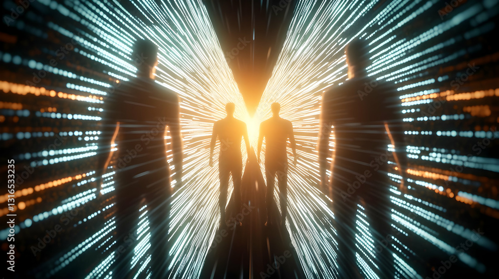 Poster abstract 3d render: figures walking towards a bright, radiant light source in a corridor of data str