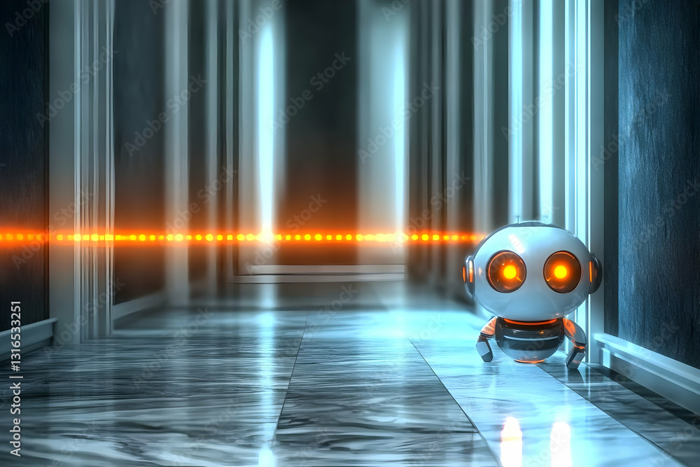 Poster 3d render of a cute robot exploring a futuristic hallway with glowing lights