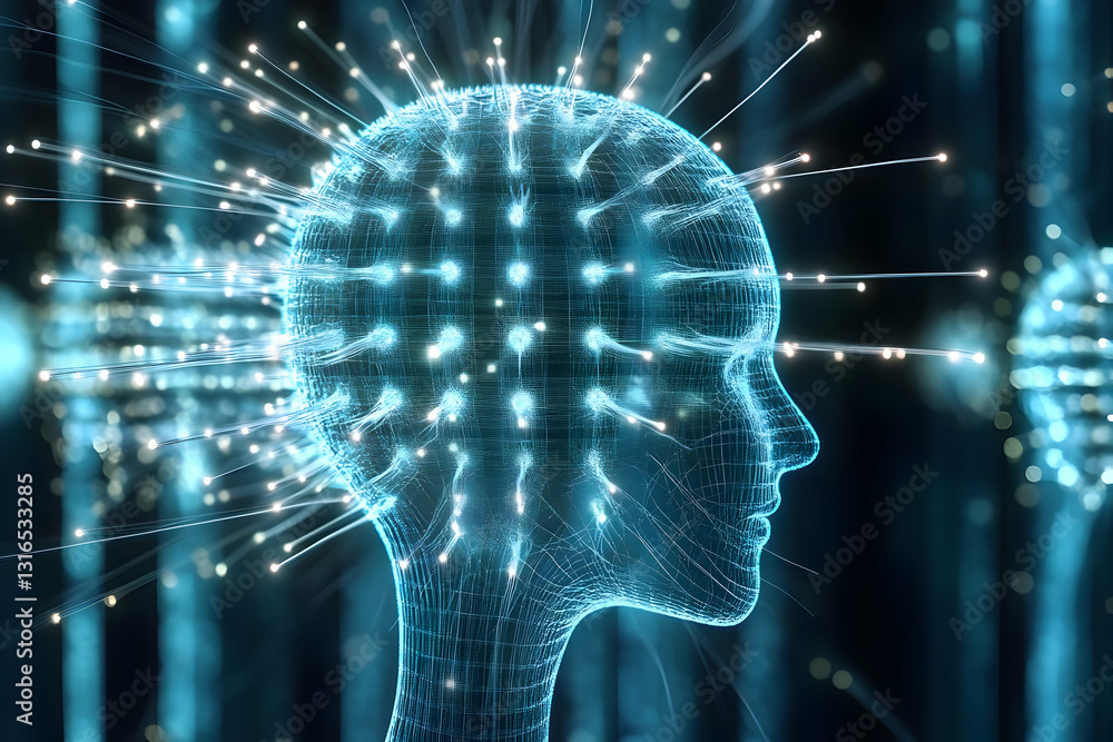 Aufkleber abstract 3d wireframe head illuminated with glowing light streams, digital neural network concept, f