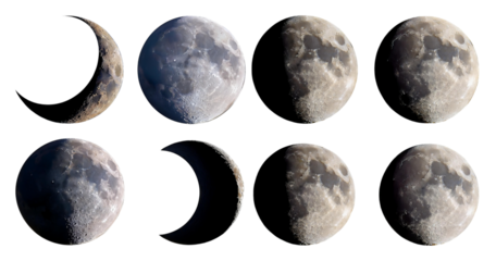 Phases of the Moon Displayed in Eight Stages of Lunar Cycle, isolated on transparent background