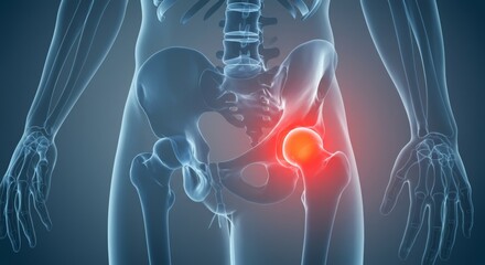 Illustration of a human hip joint highlighting pain in the hip area.