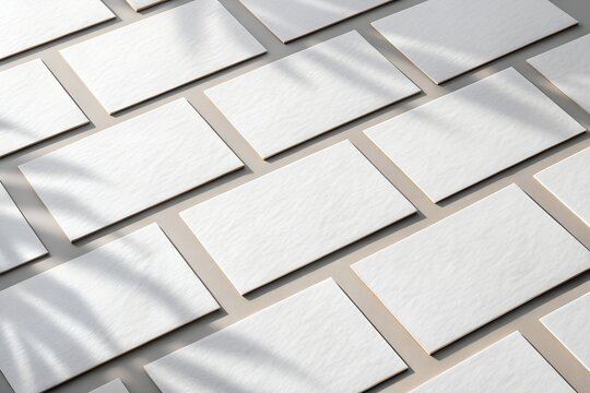Minimalist business card mockup featuring multiple blank white cards arranged diagonally on a neutral gray background. Perfect for branding, identity design, and business presentation.