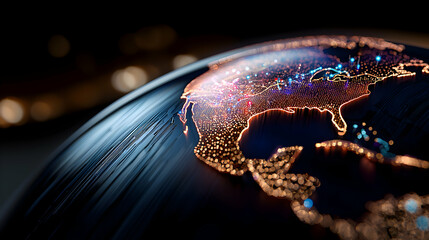 Illuminated digital representation of the earth with glowing outlines and lights