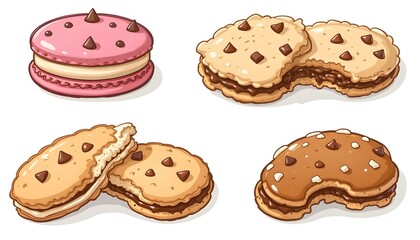 different cookie designs including chocolate chip, colorful macarons, classic shortbread, and a gingerbread cookie, all in a charming, children's storybook illustration style.