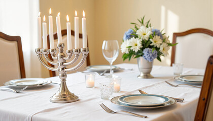 Elegantly set Passover table with silver menorah and candles, celebration