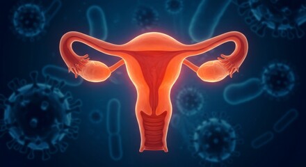 A stylized illustration of a female reproductive system surrounded by microscopic elements.