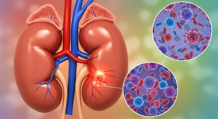 Illustration of kidneys with a focus on health and microscopic organisms.