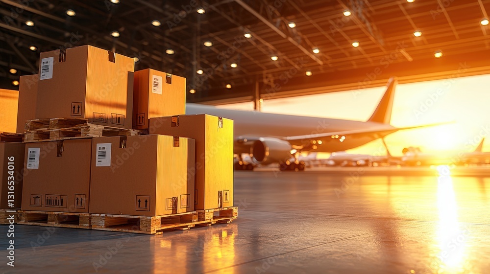Aufkleber a stack of cardboard boxes on a pallet in a spacious warehouse, with a plane visible in the backgrou