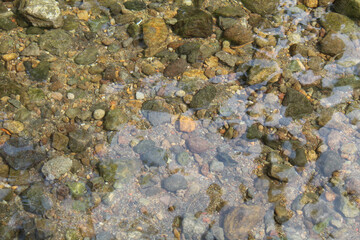 Clear water flow over rocky bottom river