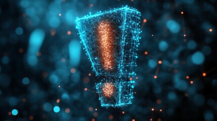 Abstract exclamation mark, digital network, glowing, bokeh background