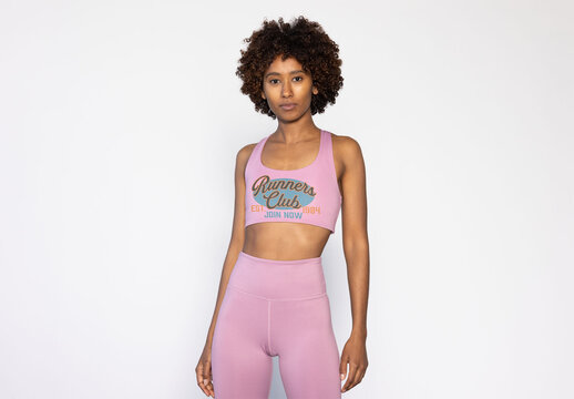 Woman Poses Confidently in Sporty Top and Athletic Pants for Fitness Mockup