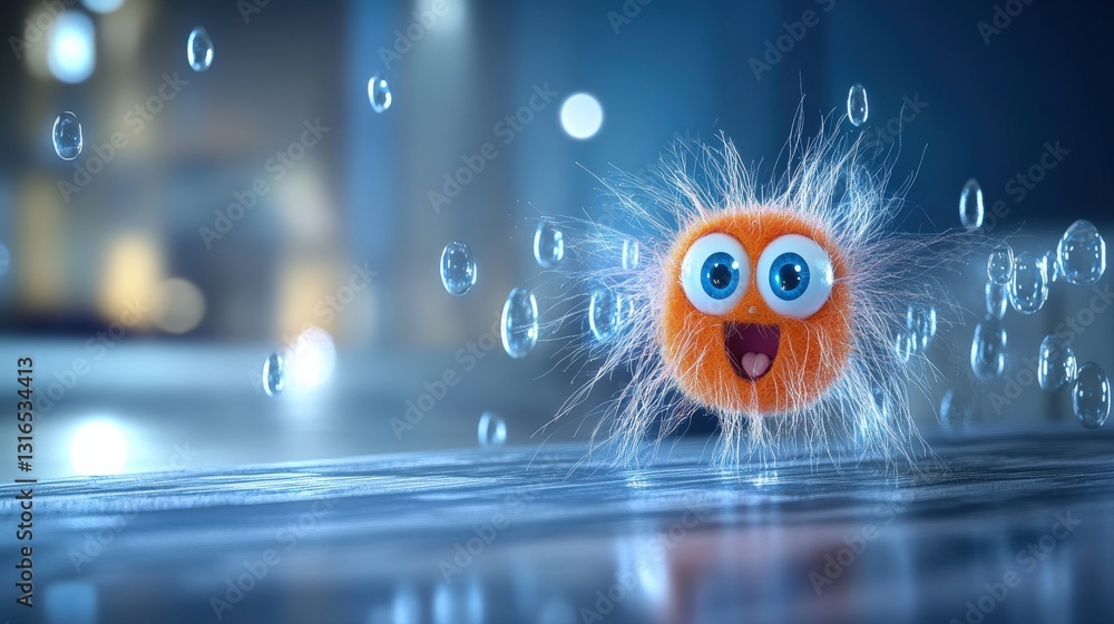 Poster fuzzy orange character bursting with joy indoor space animated scene playful atmosphere close-up ima