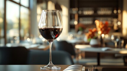 Fototapeta premium Elegant wine glass filled with red wine on a restaurant table
