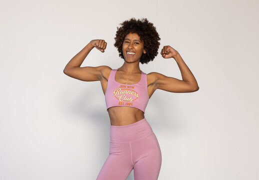 Confident Woman in Trendy Sportswear. Front view for mockup