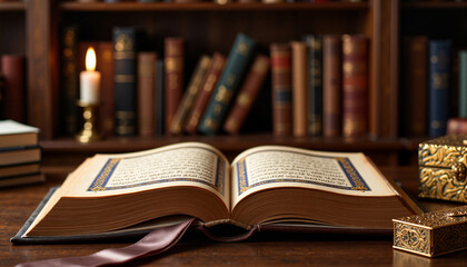 Illuminated Arabic manuscript displayed on oak desk, scholarly elegance