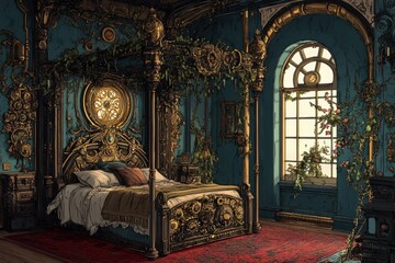 Intricately decorated four poster bed in a grand luxurious bedroom
